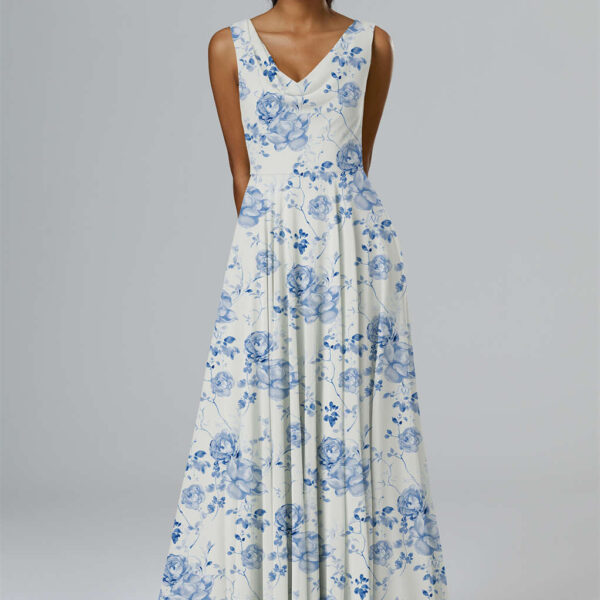 floor-length chiffon bridesmaid dress that enchants with an asymmetrical neckline and an A-line cut that flows with classic sophistication.