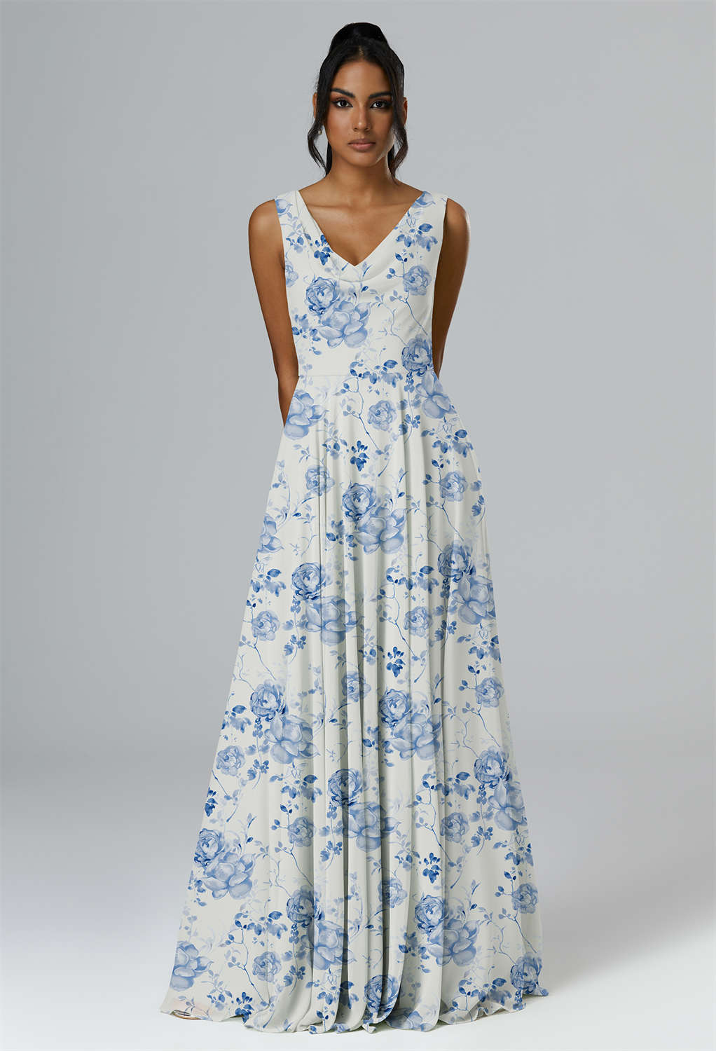 floor-length chiffon bridesmaid dress that enchants with an asymmetrical neckline and an A-line cut that flows with classic sophistication.