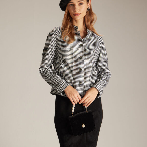Details:- Black- Work- Daily- Houndstooth- Button- Pockets- Mock Neck- Long Sleeves- Single Breasted- Regular Fit- No Stretch- 98% Polyester