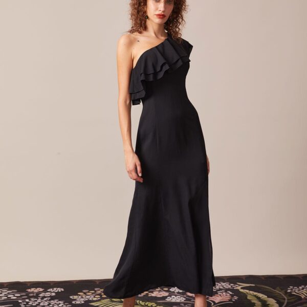 Details:- Black- Formal- Solid Color- Slit- Zipper- Flounce- One Shoulder- Sleeveless- Maxi- Slim Fit- No Stretch- 100% Polyester- Machine wash or professional dryFabric:This Ruffle Maxi Dress is made of Polyester. Polyester is an artificial fiber that fe