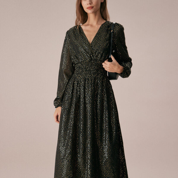 Fabric:This Shirred Midi Dress is made of Polyester. Polyester is an artificial fiber that feels soft