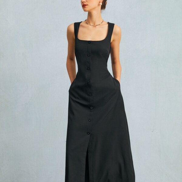 Details:- Basic Style- Regular Fit- U Neck- Button Maxi DressFabric:This Sleeveless Maxi Dress is made of Polyester and Spandex. Polyester is an artificial fiber that feels soft