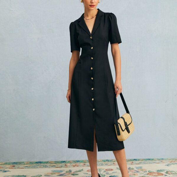 Details:- Basic Style- Office & Work Dresses- Regular Fit- Lapel- Button- Puff Sleeve- V Neck Midi Dress- Low temperature ironingFabric:This Short Sleeve Midi Dress is made of Polyester. Polyester is an artificial fiber that feels soft
