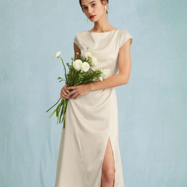 Details:- Satin- Sheath- Boat Neck- Cap Sleeve- Short Sleeves- Slit Midi Dress- Formal & Prom- Natural Waisted - Slim Fit - Silt- Mid CalfFabric:This Satin Midi Dress is made of Polyester. Polyester is an artificial fiber that feels soft