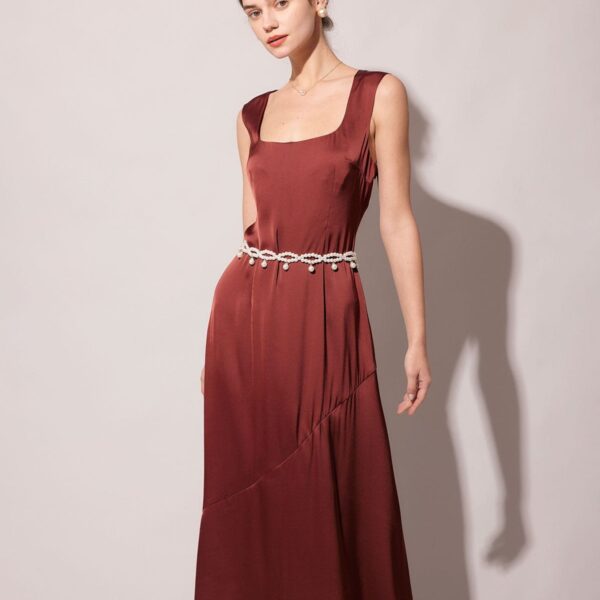 Details:- Square Neck- Sleeveless - Satin Midi Dress- High WaistedFabric:This Sleeveless Midi Dress is made of Polyester and Spandex. Polyester is an artificial fiber that feels soft