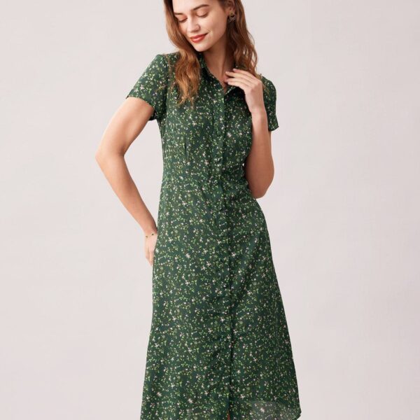 Details:- Collared Midi Dress- Button Up- Floral Midi Dress- Short Sleeve- Polyester- Elegant- CasualFabric:This Short Sleeve Midi Dress is made of Polyester. Polyester is an artificial fiber that feels soft