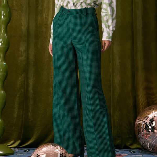 Details:- Green- Work- Fashion- Houndstooth- Button Fly- Natural Waisted- Wide Leg Pants- Normal- Regular Fit- 98% Polyester