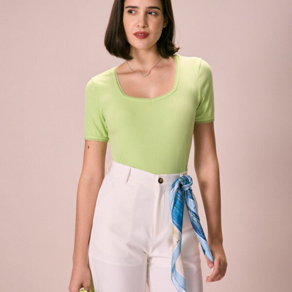 Fabric:This Green Tee is made of FSC Viscose and Spandex. The FSC Viscose in our collection is certified by FSC. It is made of bamboo or wood pulp. Less water is needed to produce viscose than conventional cotton and the fabric is therefore considered mor