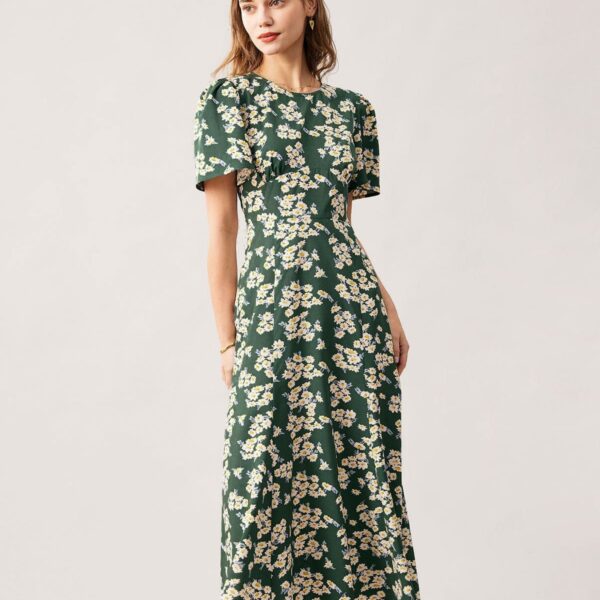 Details:- Round Neck- Floral Print- Short Sleeve Midi Dress- Chiffon- Puff Sleeve- Cocktail & Party - Casual- Elegant Fabric:This Floral Midi Dress is made of Polyester. Polyester is an artificial fiber that feels soft