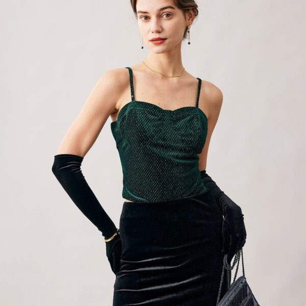 Details:- Solid Color- Sweetheart Top- Velvet - Cropped Top- Spaghetti Strap- Lurex TopFabric:This Crop Cami Top is made of Polyester and Spandex. Polyester is an artificial fiber that feels soft