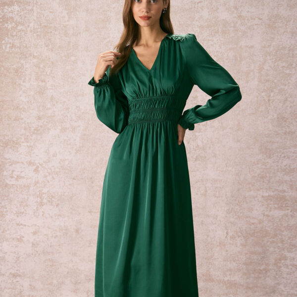 Details:- Green- Daily- Solid Color- Satin- Ruched- V-Neck- Lantern Sleeve- Poet Sleeve- Long Sleeves- Midi- Slim Fit- No Stretch- 97% Polyester