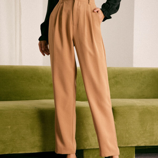 Details:- Khaki- Work- Solid Color- Pleated- Button Fly- High Waisted- Tapered Pants- Normal- Regular Fit- 95% Polyester