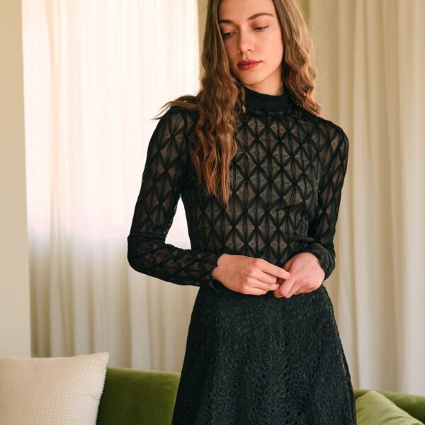 Details:- Solid color- Sheer mesh- Mock neck- Argyle pattern- Frill trim- Slim fitting- Polyester- Sexy- Casual- Cocktail & Party Fabric:It is made of Polyester and Spandex. Polyester is an artificial fiber that feels soft