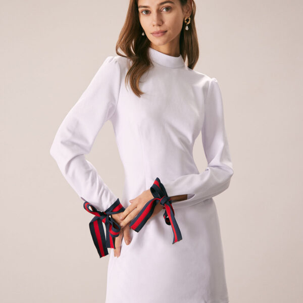 Details:- White- Work- Vintage & Brief- Colorblock- Bowknot- A-Line- Mock Neck- Long Sleeves- Mini- Slim Fit- Medium Stretch- 95% Polyester