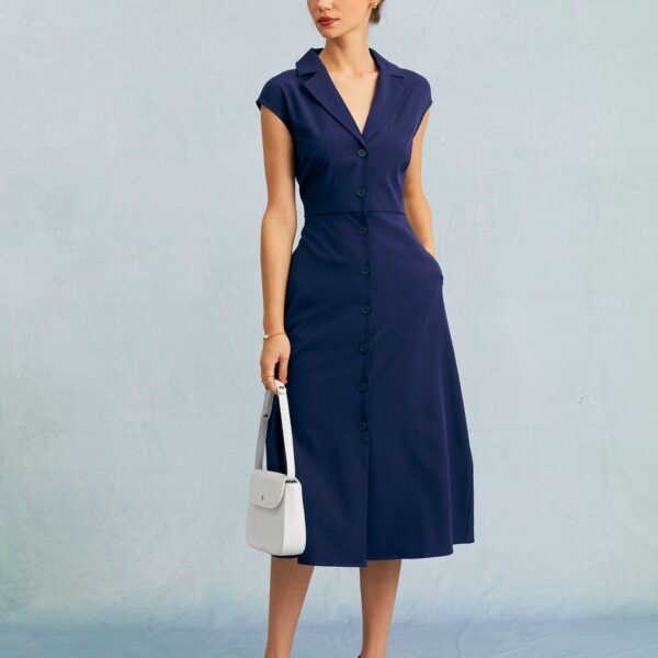 Details:- Basic Style- Regular Fit- Polyester- Office & Work Dresses- Lapel- Button- Cap Sleeve- High Waisted- V Neck Midi DressFabric:This Button Up Midi Dress is made of Polyester and Spandex. Polyester is an artificial fiber that feels soft