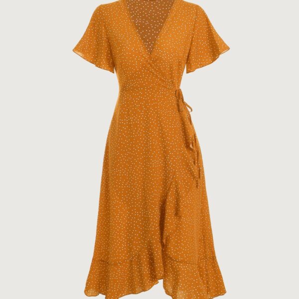 Details:- Polka dot- Ruffle trim- V neck- Wrap- High waisted- Casual Dress- Polyester- Short Sleeve- Day Party- SlitFabric:It is made of Polyester. Polyester is an artificial fiber that feels soft