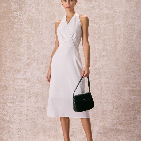 Details:- Wrap- Halter- No Stretch- 100% PolyesterFabric:This Ruched Midi Dress is made of Polyester. Polyester is an artificial fiber that feels soft