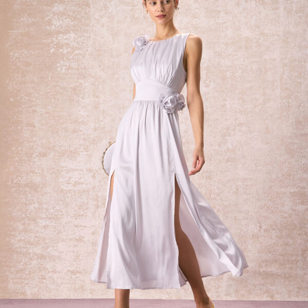 Details:- Silver- Formal- Fashion- Solid Color- Floral- Ruched- Backless- Slit- Satin- Boat Neck- Sleeveless- Natural Waisted- Maxi- Slim Fit- No Stretch- 95% Polyester