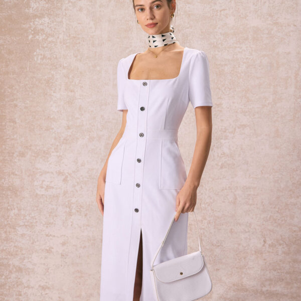 Details:- White- Work- Brief- Solid Color- Pockets- Button- Slit- Sheath- Square Neck- Short Sleeves- Natural Waisted- Midi & Mid Calf- Slim Fit- No Stretch- 95% Polyester