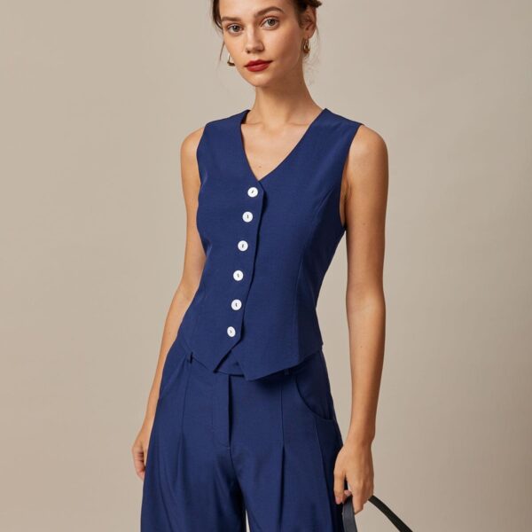 Details: - Button- Slim Fit- Sleeveless- Solid Color- V Neck TopFabric:This Sleeveless Top is made of Polyester and Spandex. Polyester is an artificial fiber that feels soft
