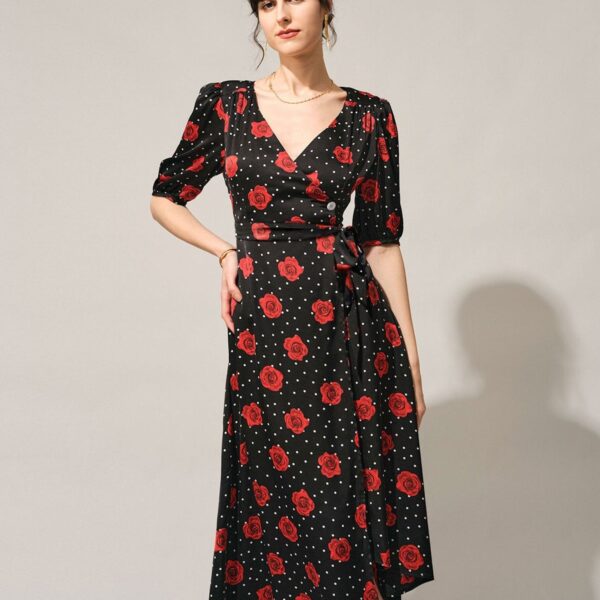 Details:- V Neck- Puff Sleeve- Polka Dot Midi Dress- Floral Print- WrapFabric:This Short Sleeve Midi Dress is made of Polyester. Polyester is an artificial fiber that feels soft