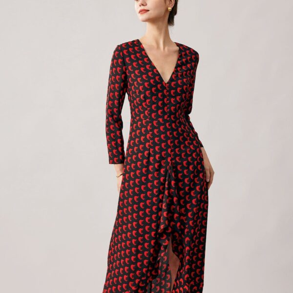 Details:- V Neck - Long Sleeve Midi Dress- Ruffle Trim- Slit- Slim FitFabric:This V Neck Midi Dress is made of Polyester. Polyester is a man-made fiber that feels soft