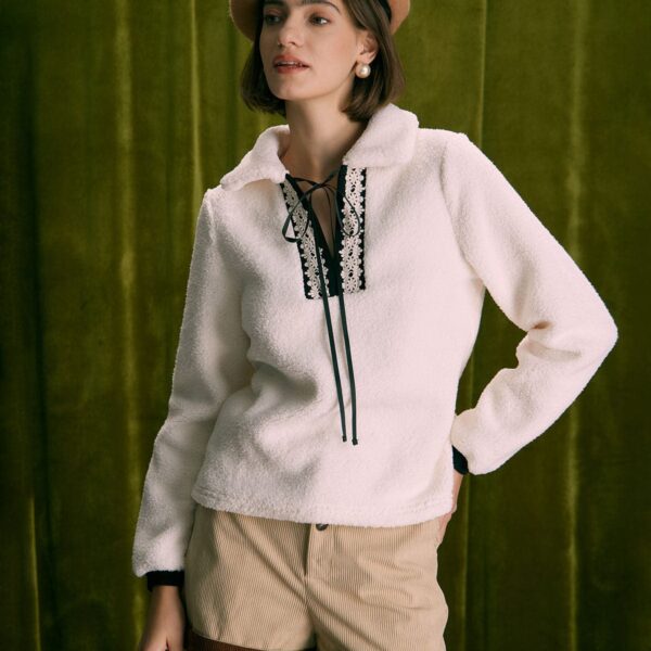 Details:- Beige- Daily- Solid Color- Tie- Lace- Spliced- V-Neck- Long Sleeves- Regular- Regular Fit- Medium Stretch- 100% Polyester- Machine wash or professional dryFabric:This Ribbed Sweatshirt is made of Polyester. Polyester is an artificial fiber that