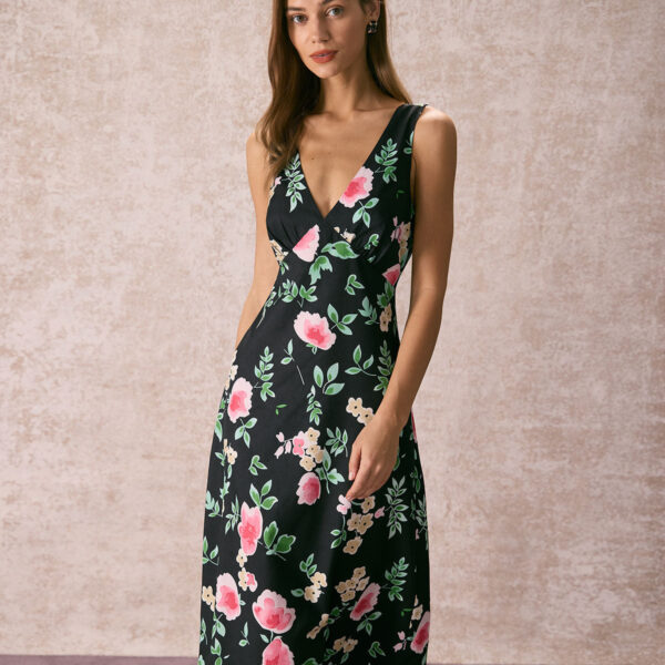 Details:- Black- Daily- Vintage- Sheath- Floral- Tie- V-Neck- Sleeveless- Midi & Mid Calf- Slim Fit- No Stretch- 100% Polyester- Machine wash or professional dryFabric:This Floral Midi Dress is made of Polyester. Polyester is an artificial fiber that feel