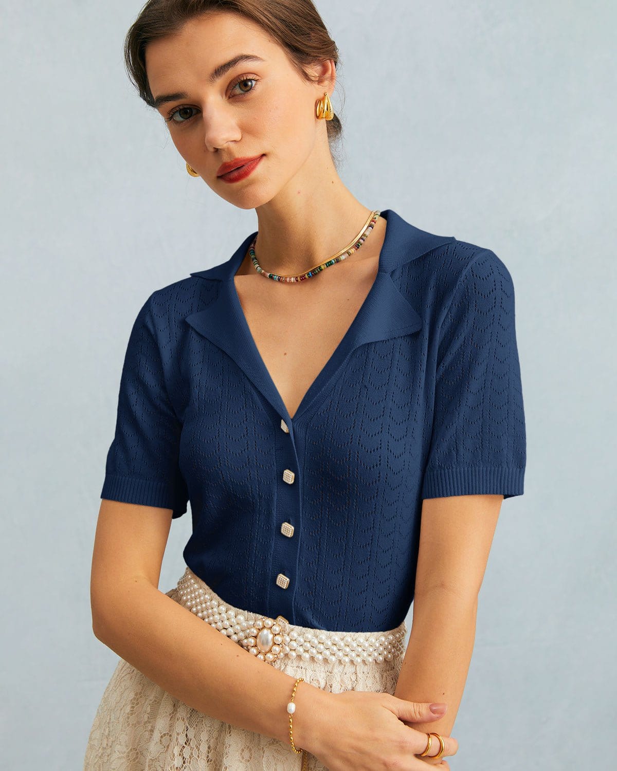 Details:- Solid Color- Button-up- Knitted Top- V Neck- Slim FittingFabric:This Basic Top is made of Viscose and Nylon. Viscose (aka rayon) is a man-made cellulosic fiber made from wood pulp. It's soft