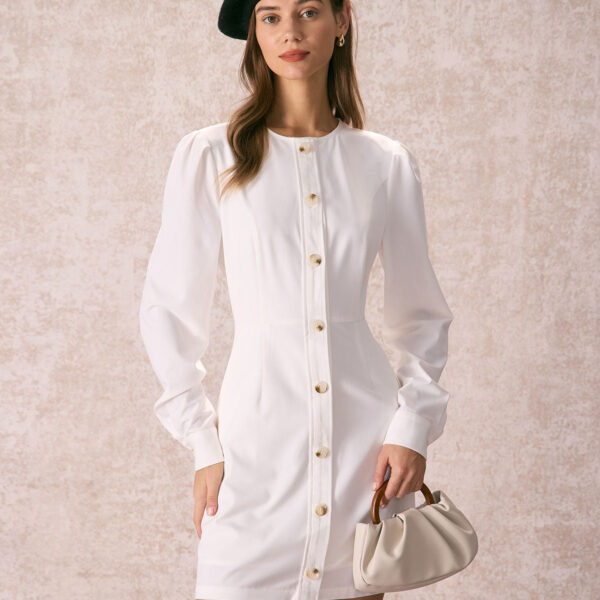 Details:- White- Daily- Solid Color- A-Line- Button- Round Neck- Long Sleeves- Natural Waisted- Mini- Slim Fit- No Stretch- 100% Polyester- Machine wash or professional dryFabric:This Button Mini Dress is made of Polyester. Polyester is an artificial fibe
