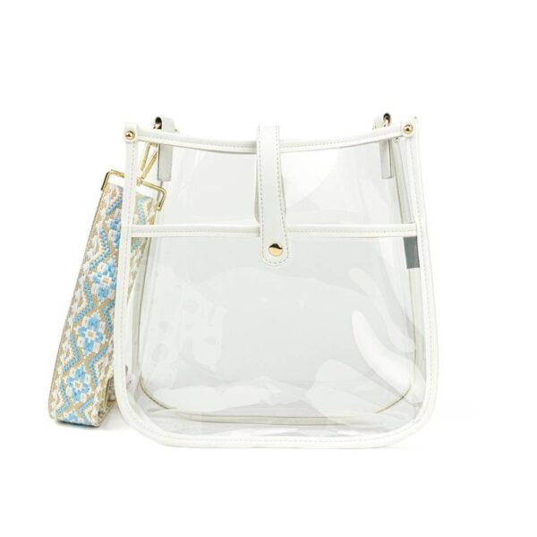 Now you can build your perfect clear bag! Pick your favorite color bag and then pick your favorite style strap to build the perfect bag. All straps are interchangeable! Our beautiful clear courier from the Threaded Pear is the perfect stadium