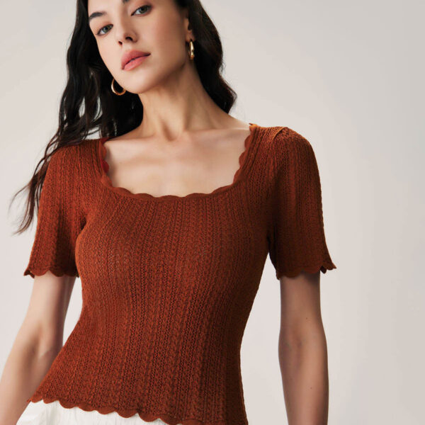 Fabric:This Scalloped Knit Tee is made of Viscose and Nylon. Viscose (aka rayon) is a man-made cellulosic fiber made from wood pulp. It's soft