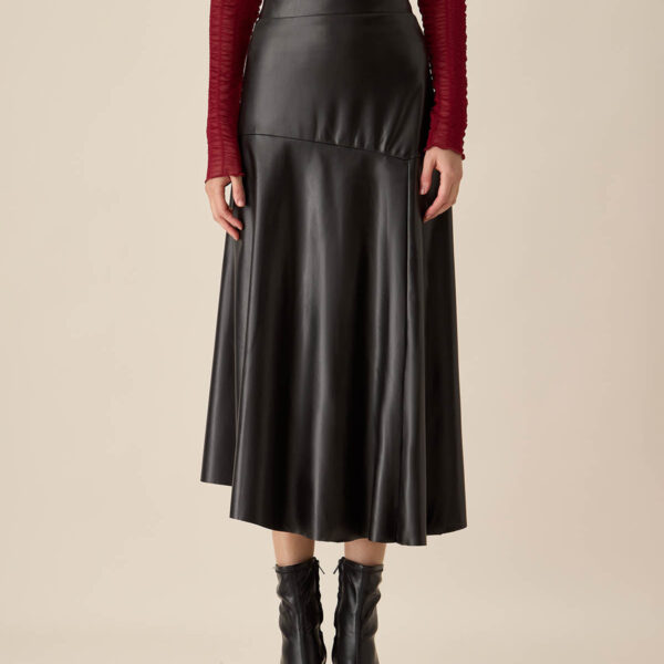 Fabric:This Faux Leather Midi Skirt is made of Polyester. Polyester is an artificial fiber that feels soft