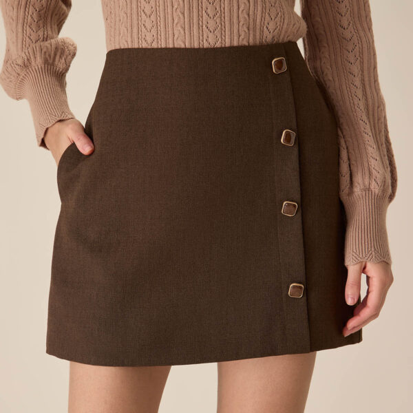 Fabric:This Button Mini Skirt is made of Polyester. Polyester is an artificial fiber that feels soft