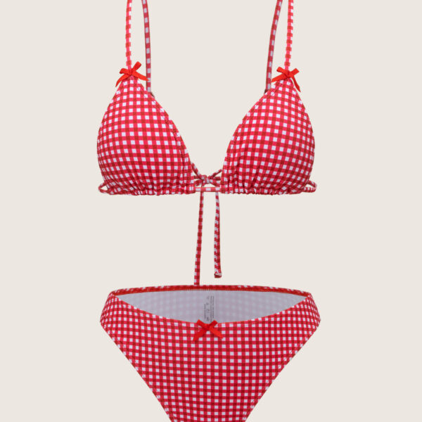 Back Neckline: Strappy Fabric Stretch: High Stretch Waist: Low Waisted Closure Type: Elastic Waist Pattern Type: Plaid Embellishment: Bowknot
